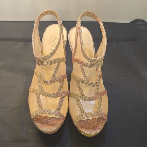 NINE WEST SHIMMER GOLD STRAPPY DESIGN PEEP TOE HEEL SANDAL - Picture 1 of 15